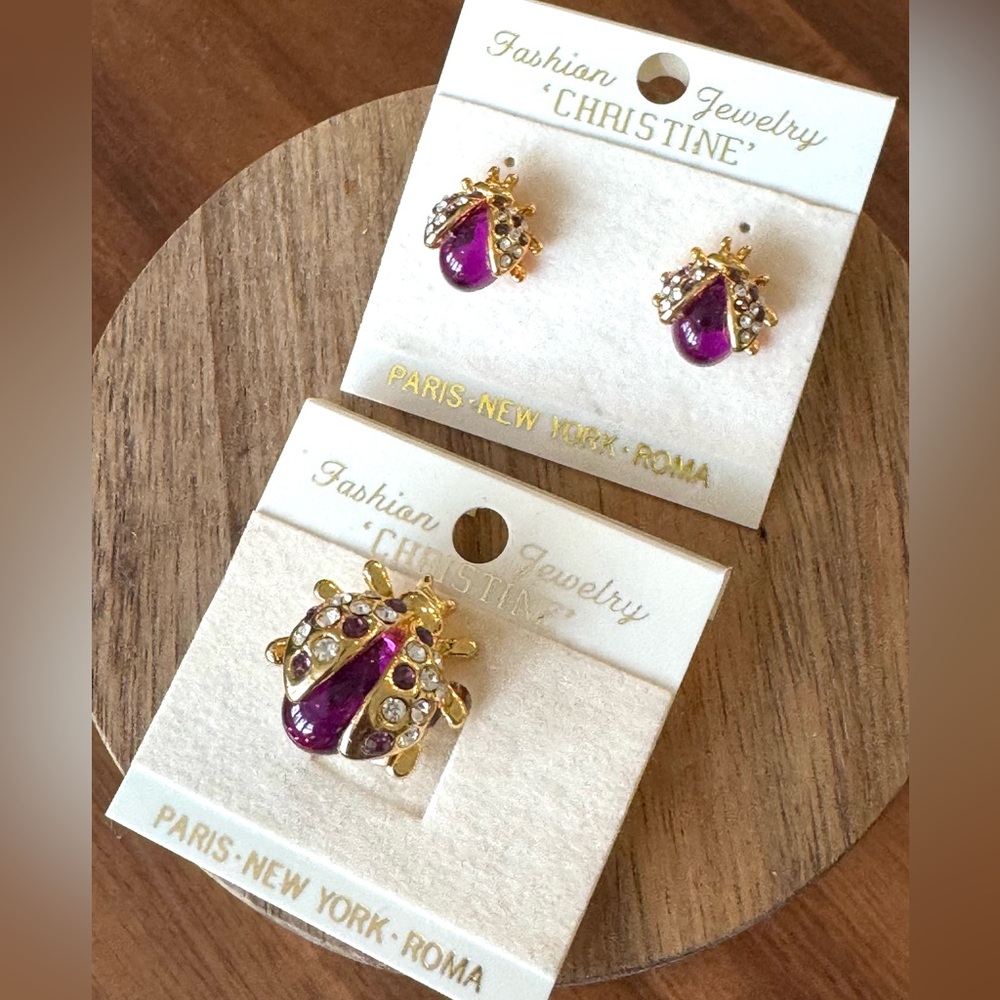 Vintage Ladybug Jeweled Earrings and Brooch Set